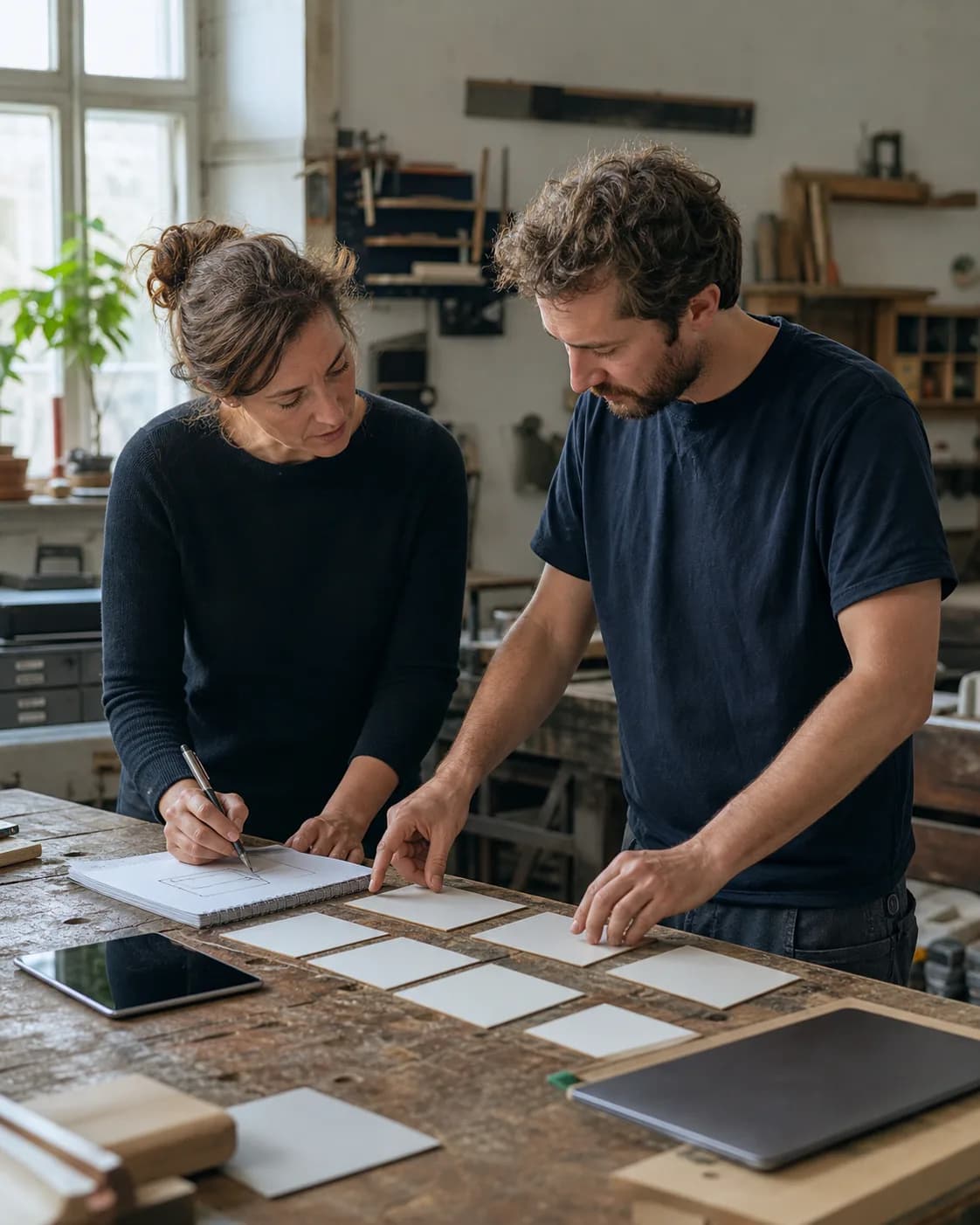 Illustrative Szene eines Betriebsinhabers mit einer Projektskizze an einem Arbeitstisch